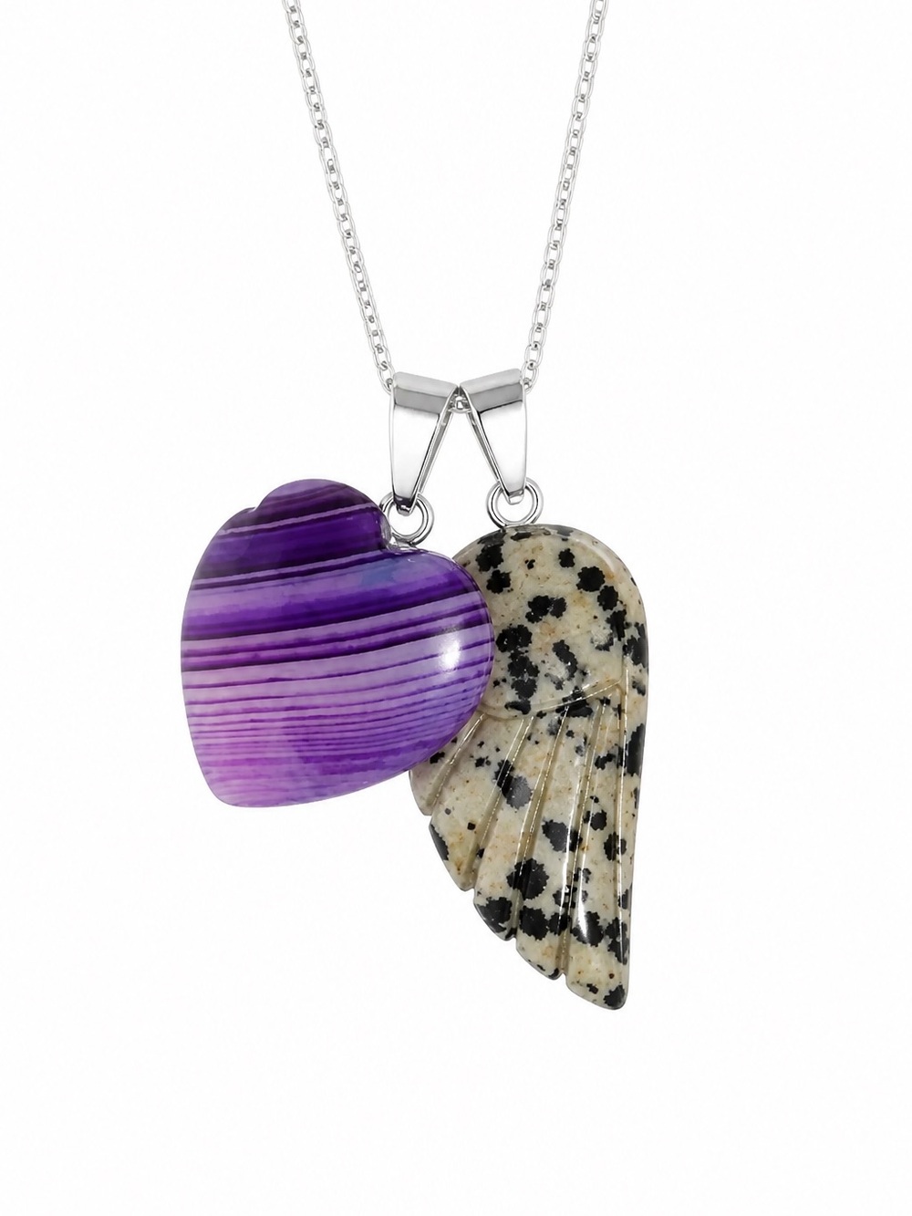 Boho hippie Dalmatian Jasper Angel Wing and Purple Agate Silver Necklace